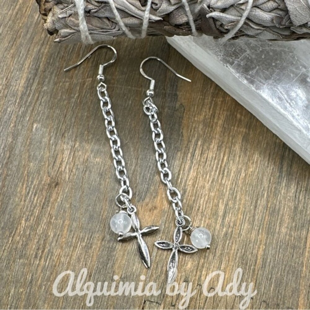 Selenite cross extra long earrings